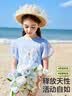 ASK JUNIOR女童短袖T恤夏装儿童泡泡袖立体蝴蝶结休闲打底衫上衣 蓝色 130 实拍图