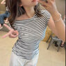 斤慕条纹斜肩短袖T恤女2025辣妹纯欲风修身露肩独特设计感上衣女 条纹M 实拍图