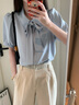 伯德小姐蓝色蝴蝶结衬衫女夏季设计感系带短袖上衣气质通勤职业白领衬衣 实拍图