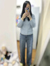 伊芙丽（eifini）伊芙丽圆领撞色边坑条气质设计感时尚柔软亲肤针织开衫2025春季 蓝色 预售 S 实拍图