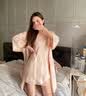LAUREN VICTORIA真丝睡裙女100%桑蚕丝睡衣女士蕾丝性感睡衣吊带睡裙 杏色【睡裙+睡袍+腰带 胸垫】（礼盒包装） L (建议体重100-115斤) 实拍图