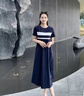 熙世界（sllsky）航海系撞色条纹连衣裙 裙子女夏季2025新款女装休闲显瘦收腰夏装 学院蓝 L 实拍图