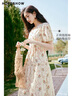 红袖100%棉氛围感连衣裙夏季新款女装 印花高级感小众收腰V领显瘦长裙 米底花611 S 实拍图