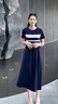 熙世界（sllsky）航海系撞色条纹连衣裙 裙子女夏季2025新款女装休闲显瘦收腰夏装 学院蓝 L 实拍图