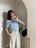 伯德小姐蓝色蝴蝶结衬衫女夏季设计感系带短袖上衣气质通勤职业白领衬衣 实拍图