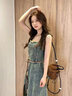 佐叙连衣裙夏季韩系穿搭毛边牛仔吊带裙2025新款设计感小众开叉中长裙 复古蓝 单连衣裙  当/次日达 均码 （115斤以内） 实拍图