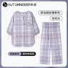 秋鹿睡衣女春夏梭织纯棉格纹七分袖薄款格子休闲可外穿家居服套装 浅紫 XL 实拍图