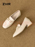 ZHR单鞋女复古方头珍珠扣乐福鞋女粗跟增高两穿显瘦女鞋 K170米色 35 实拍图