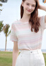 百图betu女装2025夏季新款晕染彩虹条印花正肩圆领短袖T恤女2504T14 彩条纹 XS 实拍图