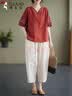 俞兆林（YUZHAOLIN）中老年妈妈夏装2025新款短袖刺绣民族风上衣大码阔腿裤棉麻套装女 橘色+米色小脚裤 4XL  (推荐135-150斤) 实拍图