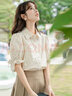 GOCHIEI设计感泡泡袖短袖衬衫女2025夏季日系新款甜美上衣百搭宽松衬衣女 浅杏色 短袖 S 建议70-95斤 实拍图
