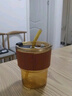 新款玻璃杯子咖啡杯ins高颜值水杯带吸管大容量带盖牛奶杯 烟灰色全套(含吸管+杯盖+皮套) 450ML 实拍图