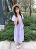 女童法式连衣裙夏季中大童蝴蝶结泡泡袖公主裙女孩洋气方领长裙子 紫色连衣裙 【楠楠A136】 140 实拍图