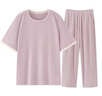 松山棉店小薄荷罗纹家居服套装短袖显瘦透气睡衣短袖套装-女粉色2XL 实拍图