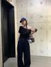 啄木鸟斜肩短袖t恤女2026新款夏季一字肩宽松休闲高级感上衣 黑色  L 实拍图