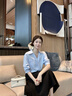 伯德小姐蓝色设计感轻奢v领衬衫女夏通勤日常短袖上衣职业小个子面试衬衣 实拍图