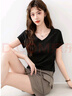 别语修身t恤女夏季新款收腰正肩显瘦内搭V领短袖上衣 黑色 2XL  实拍图