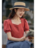 茵曼（INMAN）百搭法式褶皱方领短袖T恤2026夏季新款女装修身显瘦衬衫上衣 大红色 -18424901H1 XL 实拍图