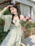 舒芳蝶（shufangdie）连衣裙套装女夏2025法式甜美小清新仙气仙森系开衫碎花吊带裙子女 绿色开衫+绿色吊带裙 一套 M 实拍图