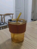 新款玻璃杯子咖啡杯ins高颜值水杯带吸管大容量带盖牛奶杯 琥珀色全套(含吸管+杯盖+皮套) 450ML 实拍图