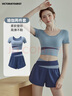 VICTORIATOURIST瑜伽服女跑步运动套装春夏健身服普拉提短袖短裤带胸垫两件套蓝M 实拍图