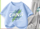 【夏季运动套装】男童衣服春装2025新款纯棉短袖大童上衣运动裤 涂鸦天蓝+涂鸦中国K牛仔蓝 140 实拍图