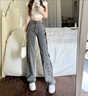 LPOX设计感小众绑带牛仔裤女2025春秋高腰宽松直筒高街ins潮阔腿裤子 烟灰色 L (100-110斤) 实拍图