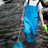 麓格立 儿童下水裤 户外赶海涉水裤带口袋背带防水连体雨鞋玩水服涉水裤 蓝色36【内长22.5cm】 实拍图