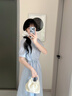香影蓝色天丝连衣裙女2025夏季新款莱赛尔收腰系带圆领泡泡袖裙子 蓝色 S 155/80A/85-95斤 实拍图