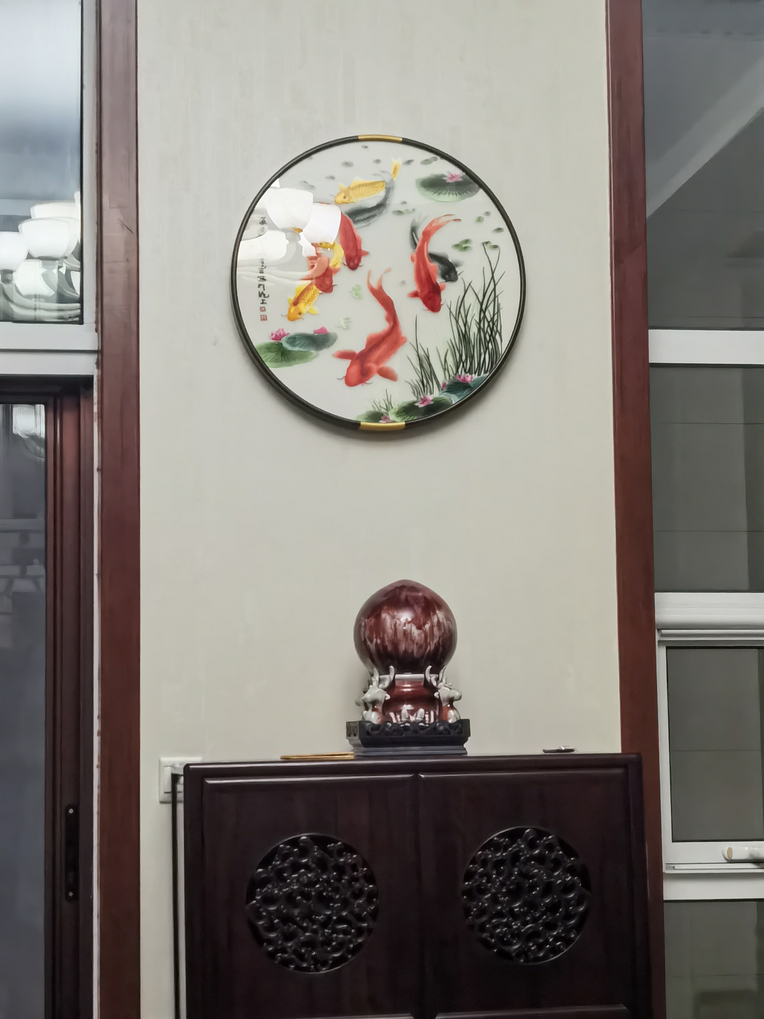 摆福百利苏绣客厅玄关装饰画圆形壁画新中式高档背景墙餐厅挂画精品刺绣 精品刺绣  鸿运当头九鱼图 60*60实木边框 实拍图