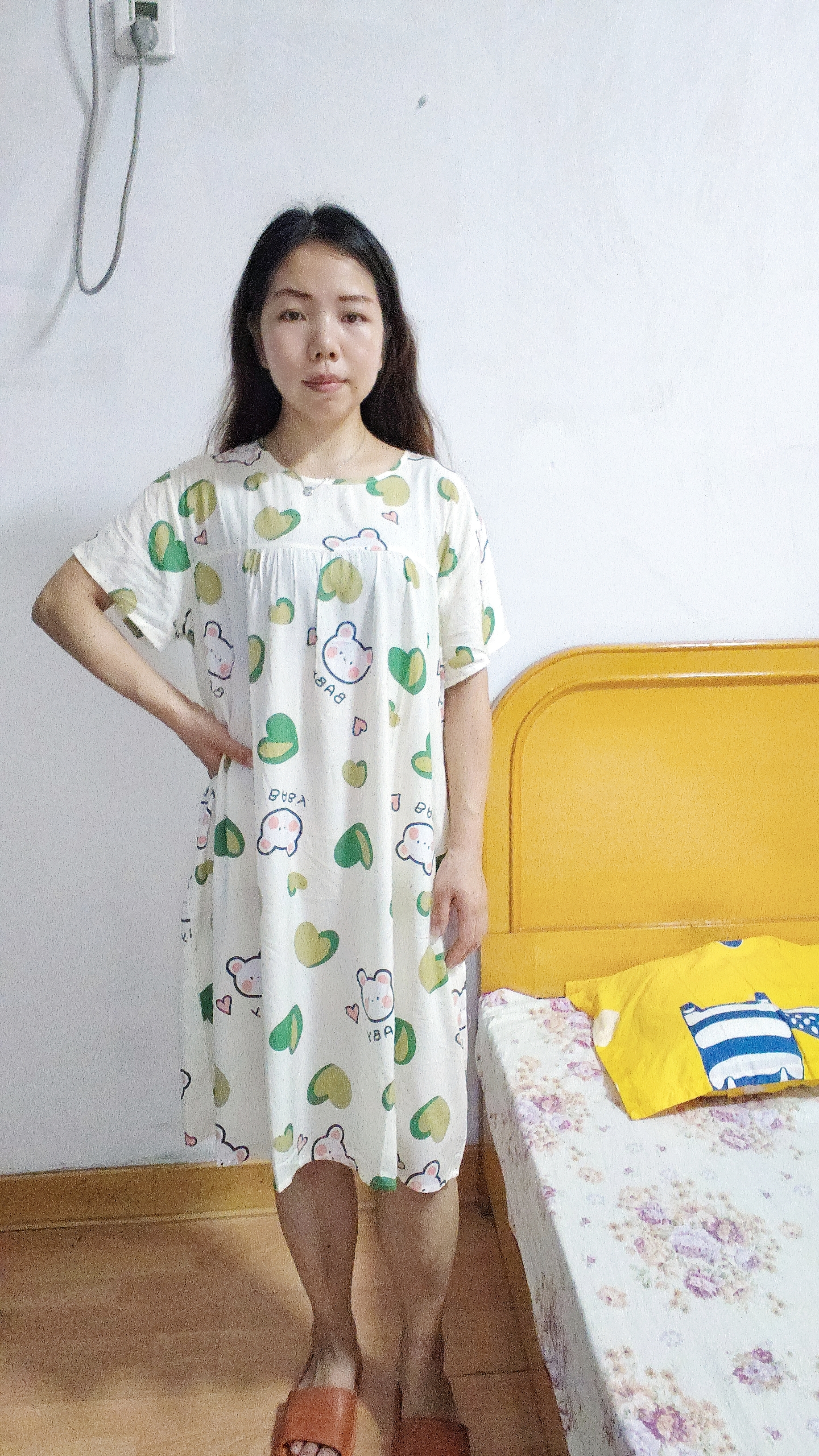 棉绸睡裙女夏薄款2025新款睡衣韩版甜美少女网红家居外穿裙子QM 绿心小熊2301 均码 (90-140斤内穿) 实拍图