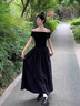 棉致黑色一字肩连衣裙女夏季2025新款法式气质性感收腰显瘦露肩长裙 x7290黑色【高品质38.5】 L 110-120斤 实拍图
