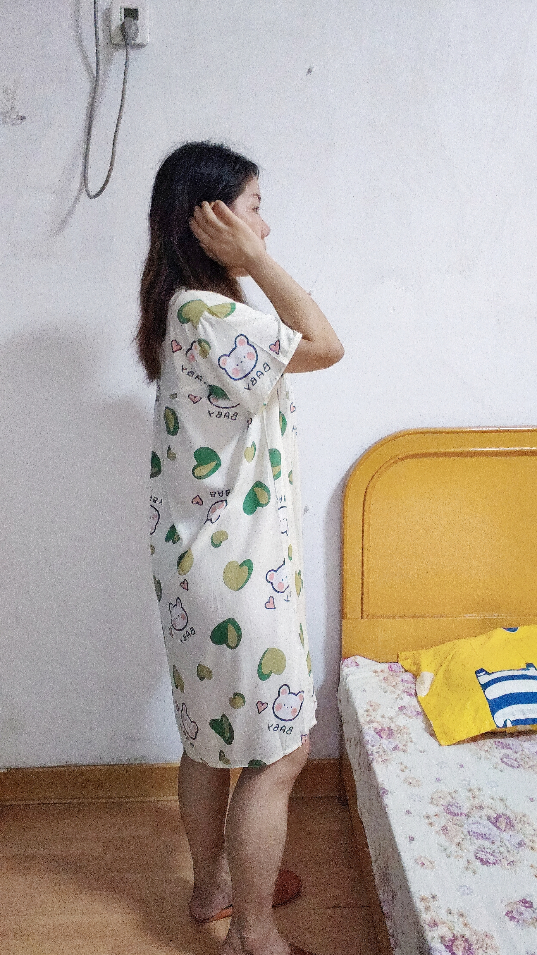 棉绸睡裙女夏薄款2025新款睡衣韩版甜美少女网红家居外穿裙子QM 绿心小熊2301 均码 (90-140斤内穿) 实拍图