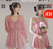 柯帛大码泳衣女三件套显瘦性感大胸比基尼胖mm遮肚短袖罩衫泳装 豆沙粉色 4XL 实拍图