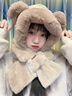梦多福帽子女冬季小熊帽子围巾一体围脖冬季骑车一体帽保暖毛绒女士棉帽 熊耳暖趣围巾帽咖色戴口罩 头套保暖冬款可爱防风连帽三件套 实拍图