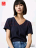 优衣库女装竹节纱V领T恤/短袖棉白T上衣打底内搭春夏新款483576 69 藏青色 S /155/80A 实拍图