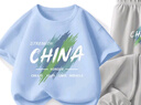 【夏季运动套装】男童衣服春装2025新款纯棉短袖大童上衣运动裤 涂鸦天蓝+涂鸦中国K牛仔蓝 140 实拍图