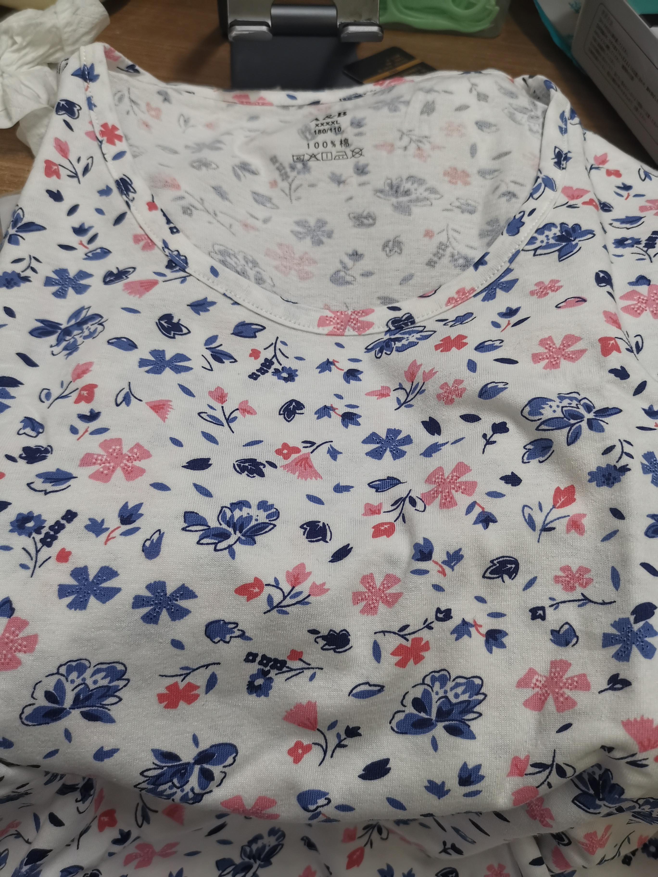AB纯棉女中老年夏薄款家居服妈妈上衣宽松大码印花短袖汗衫 蓝粉花【上衣】 4XL 实拍图