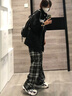 相伊恋人格子休闲裤女25年春秋季新款小个子冰丝宽松阔腿裤显瘦九分裤子 黑白格 均码 【80-125斤 165CM以下】 实拍图