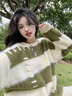 風采兔 毛衣女款2025新款冬条纹撞色减龄加厚设计感宽松慵懒风潮针织衫 绿色 均码 实拍图