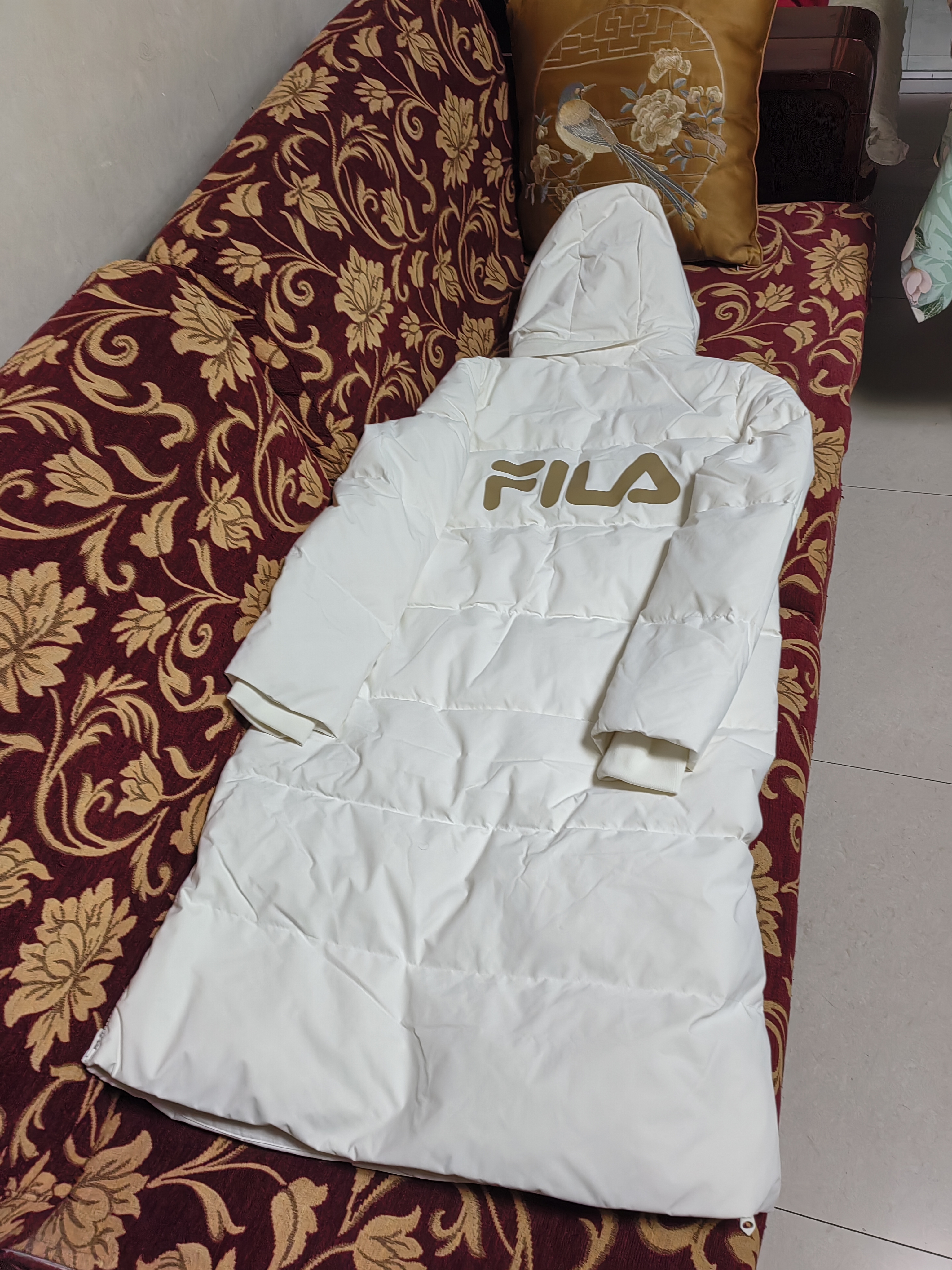 斐乐蓬蓬羽绒服丨FILA过膝长款羽绒女连帽防污保暖外套 云菇白-WT XL 175/92A 实拍图