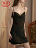 浪莎性感睡衣女夏季吊带睡裙仿冰丝荡领开叉新娘结婚家居服 黑色 XL  实拍图