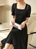 尚都比拉短袖连衣裙女夏季时尚通勤中长款a字裙钉珠收腰显瘦裙子 黑色 XL 实拍图