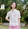 茵曼通勤压褶泡泡袖全棉衬衫夏季女装翻领刺绣衬衣上衣 白色  M 实拍图