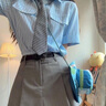 贞喜气学院风条纹衬衫连衣裙子女夏季2025新款日韩系jk制服百褶短裙套装 蓝色条纹+灰色百褶 含领结+腰带 M 实拍图