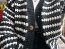 翊尚美条纹开衫针织衫毛衣女装春秋冬季加厚修身显瘦V领长袖纯色外套 黑白条纹 均码 【推荐80-140斤】 实拍图