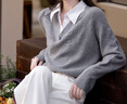 德玛纳【云朵线衫】春秋简约风通勤拼接翻领舒柔纤绒纱遮肉针织衫女上衣 实拍图