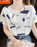 红蜻蜓（RED DRAGONFLY） 纯棉短袖t恤女白色半袖体恤女2025春夏装新款韩版宽松女士上衣潮 蓝色方块 L 实拍图