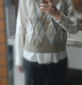 森马（Semir）长袖衬衫女冬季菱形格V领短背心易打理衬衣俏皮学院风两件套 白咖色调00315 L 实拍图