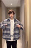 轩森图（XUANSENTU）条纹毛呢外套男春秋款小香风感痞帅潮牌宽松工装格子夹克秋季 蓝色 XL (180) （145斤至165斤可穿） 实拍图